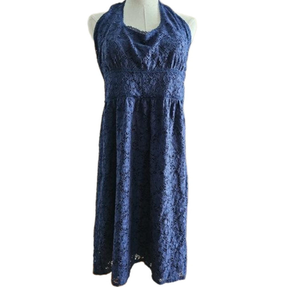 Laundry Navy Blue Eyelet Halter Fully Lined Mini Dress-Size 12